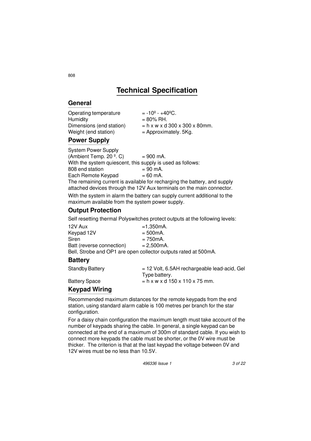 Security Centres 808 manual Technical Specification 