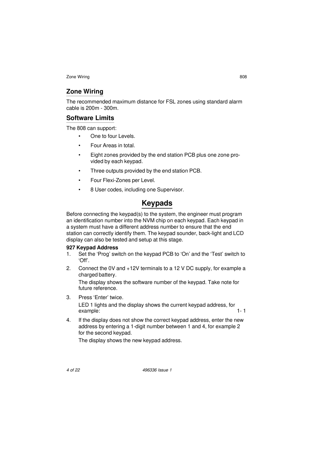 Security Centres manual Keypads, Software Limits, Keypad Address, Zone Wiring 808 