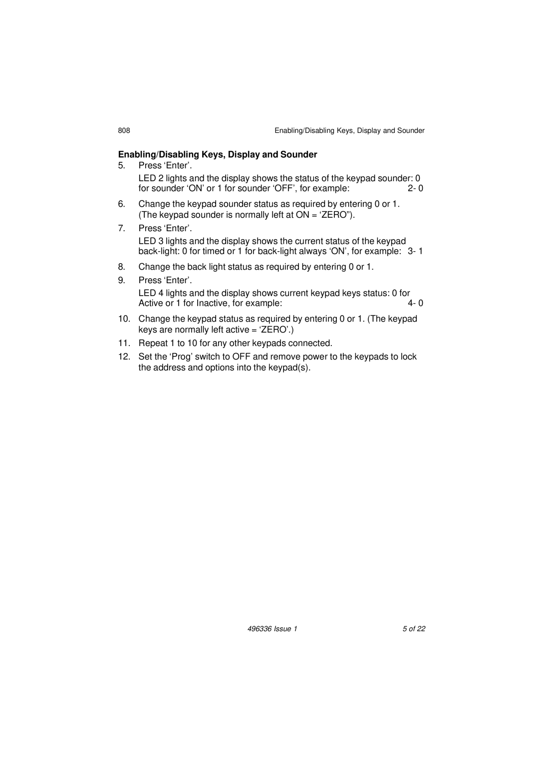 Security Centres 808 manual Enabling/Disabling Keys, Display and Sounder 