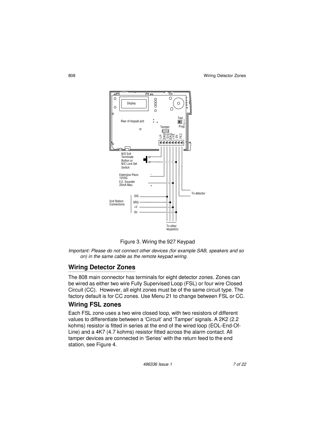 Security Centres 808 manual Wiring Detector Zones, Wiring FSL zones 