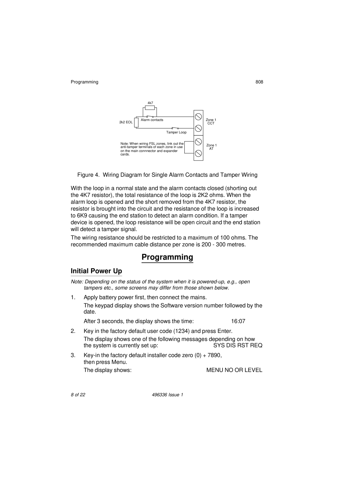 Security Centres manual Initial Power Up, Sys Dis Rst Req, Menu no or Level, Programming 808 