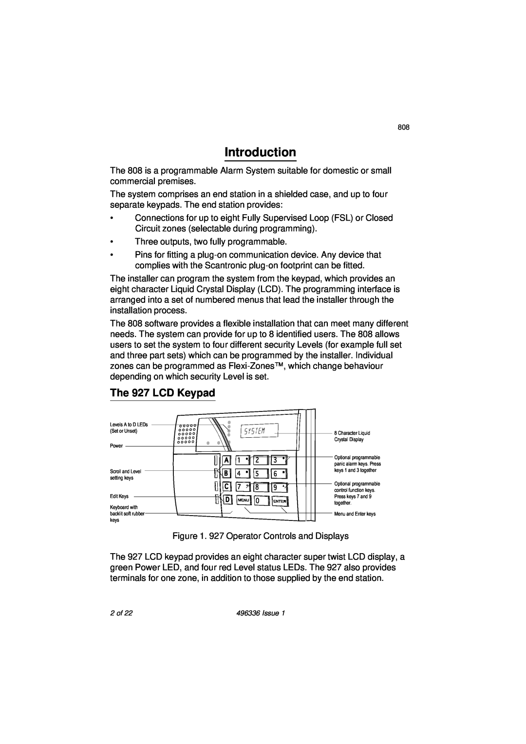 Security Centres 808 manual Introduction, The 927 LCD Keypad 
