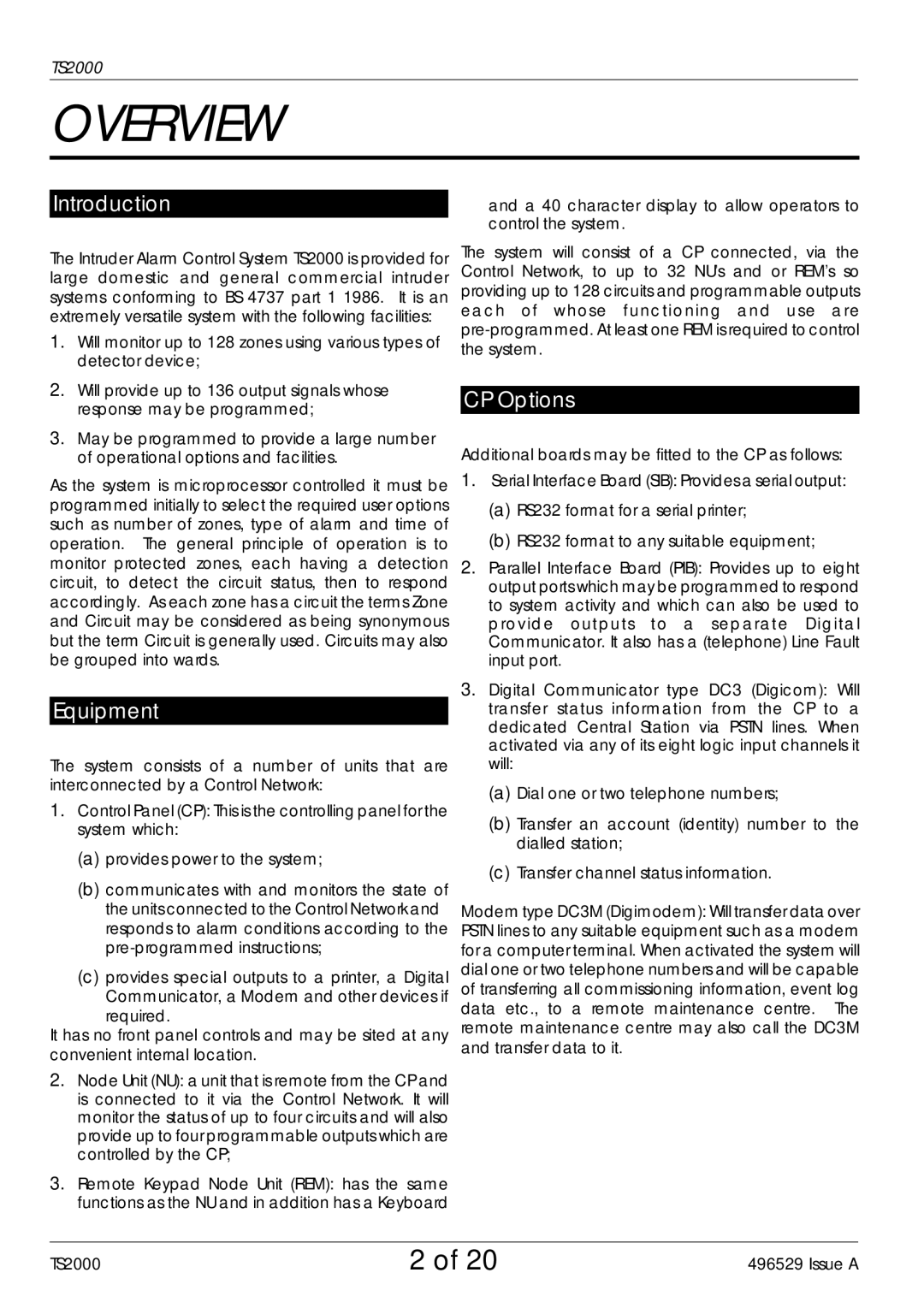 Security Centres TS2000 manual Introduction, Equipment, CP Options 