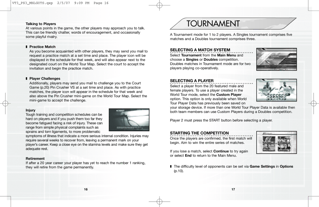 Sega 061213 manual Tournament, Selecting a Match System, Selecting a Player, Starting the Competition 