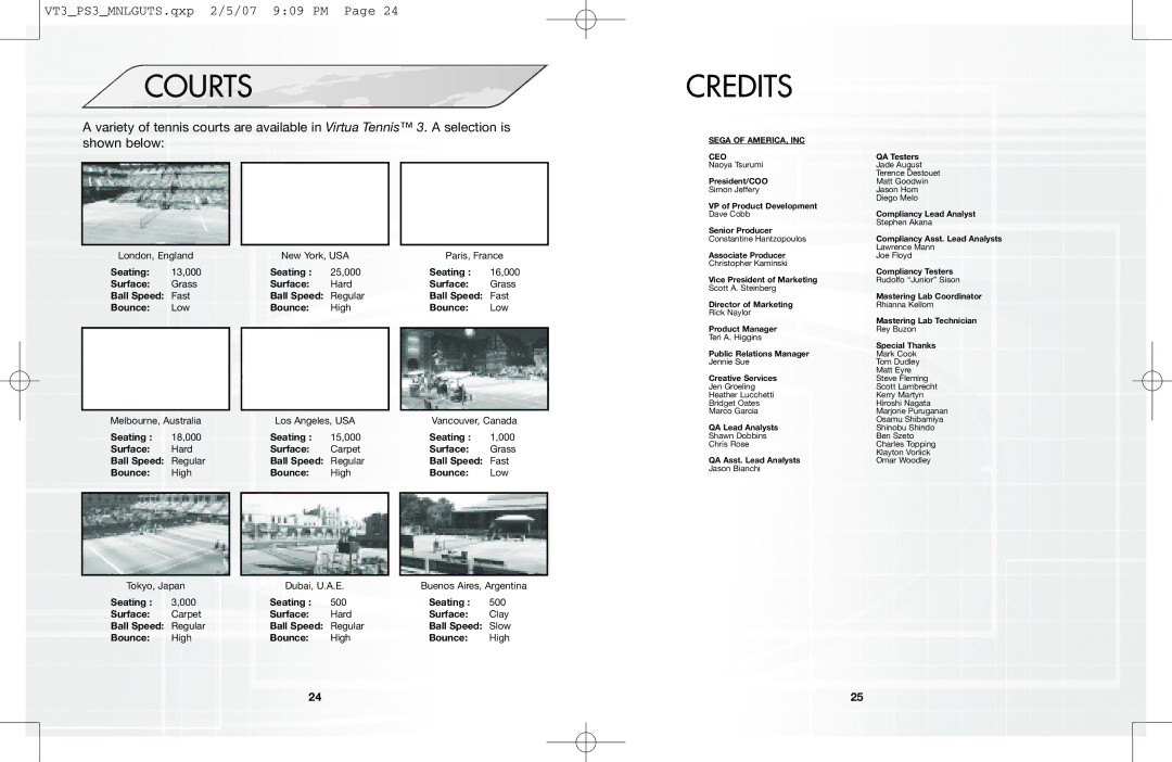 Sega 061213 manual Courts, Credits 