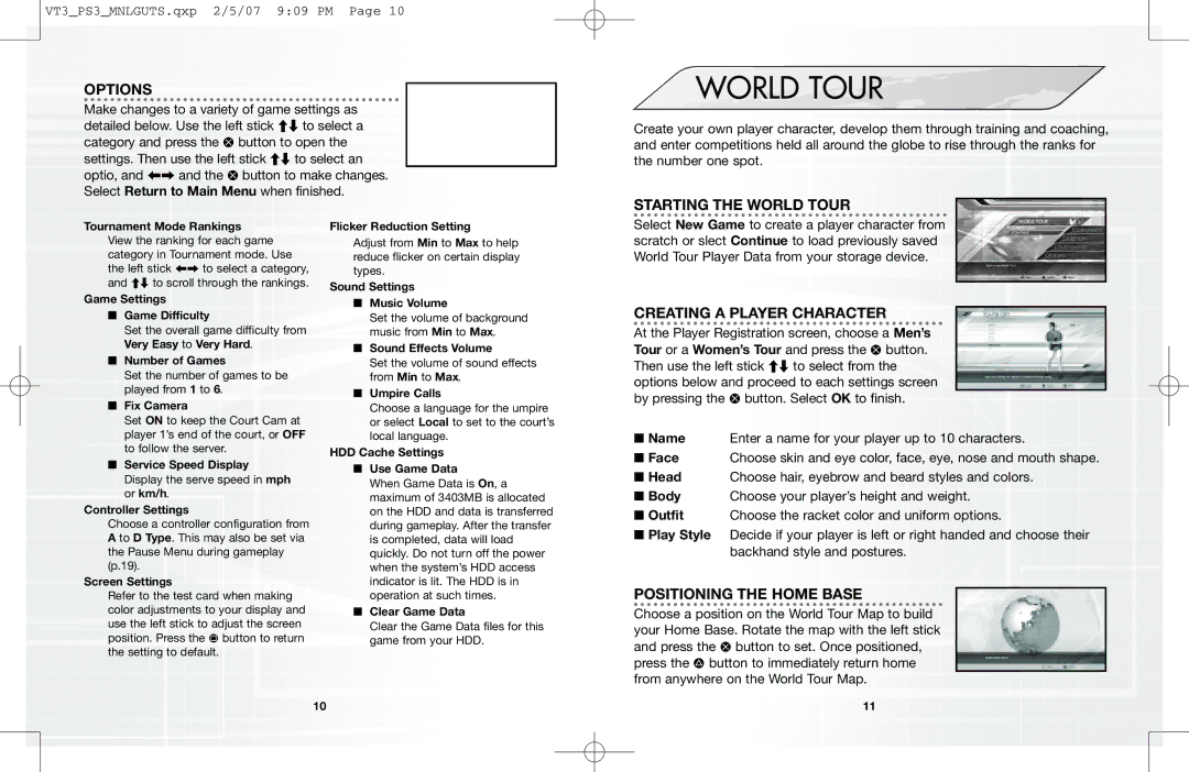 Sega 061213 manual Options, Starting the World Tour, Creating a Player Character, Positioning the Home Base 