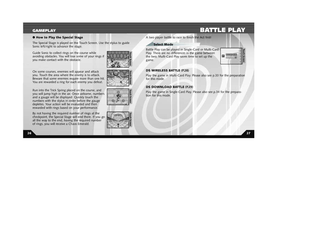 Sega 10086670011 Battle Play, How to Play the Special Stage, Select Mode, DS Wireless Battle P.28, DS Download Battle P.29 