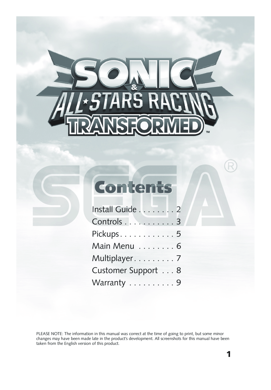 Sega 10086620023, 10086690644 Contents, Install Guide Controls Pickups Main Menu Multiplayer Customer Support, Warranty 