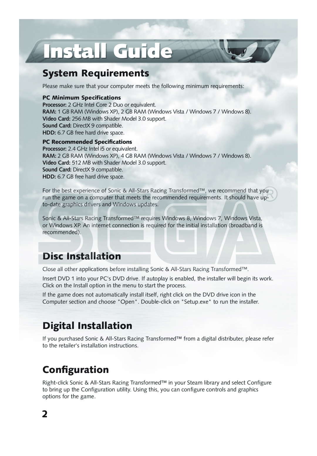 Sega 10086671018, 10086690644 Install Guide, System Requirements, Disc Installation, Digital Installation, Conﬁguration 