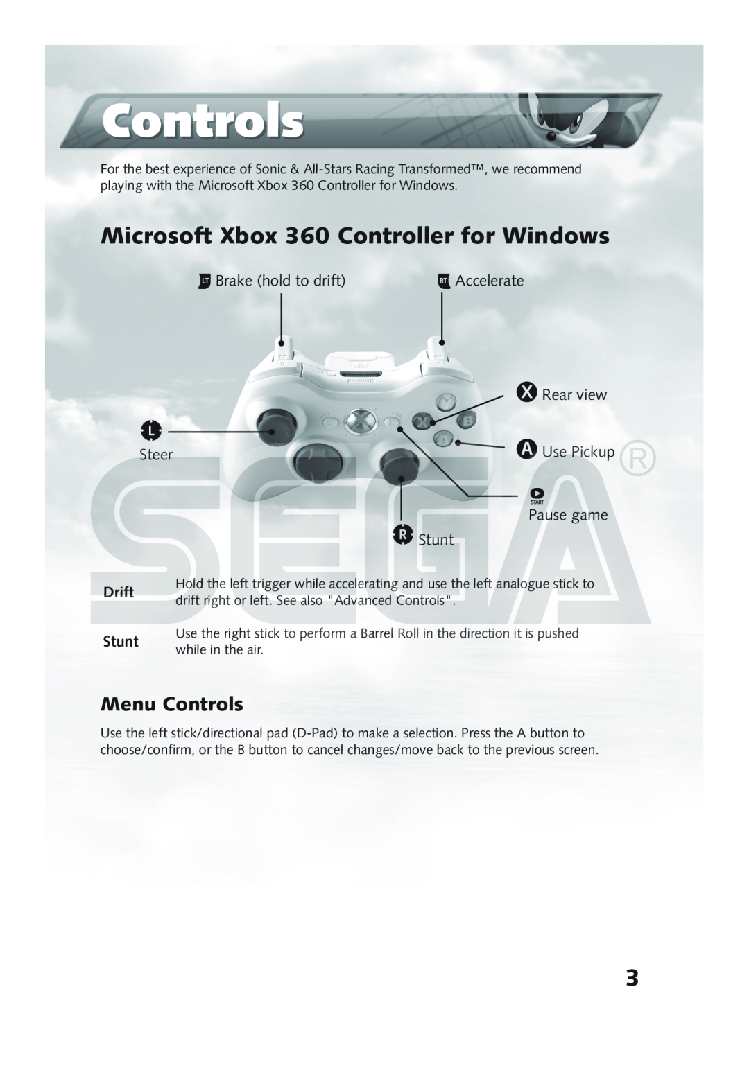 Sega 10086690644 Microsoft Xbox 360 Controller for Windows, Menu Controls,  Brake hold to drift, Rear view, Steer 