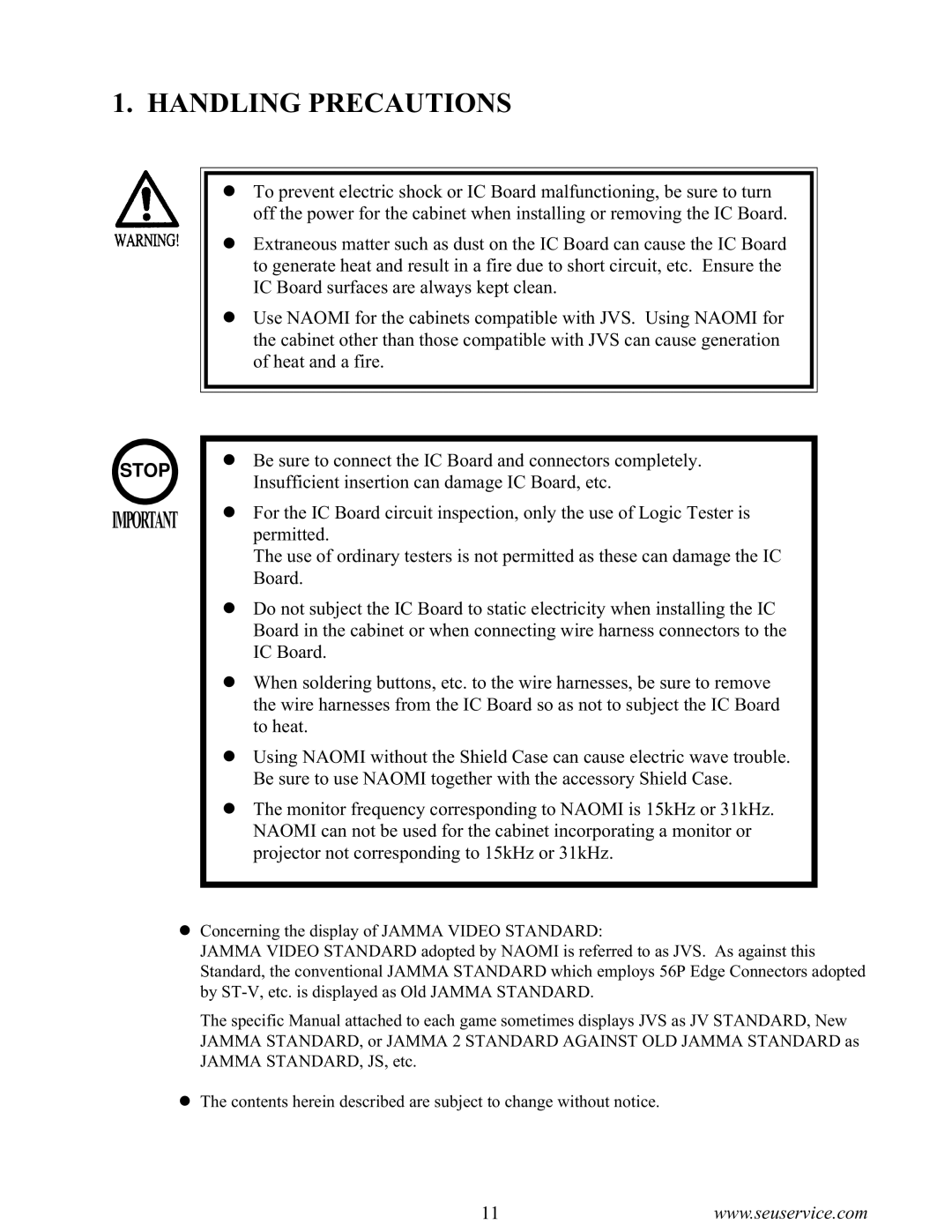 Sega 2 installation instructions Handling Precautions, Stop 