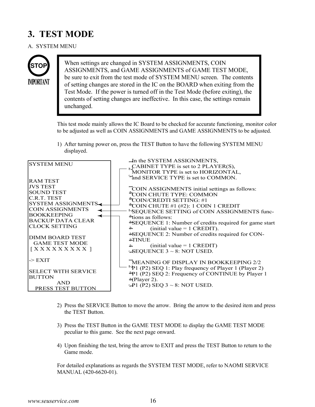 Sega 2 installation instructions Test Mode, System Menu 