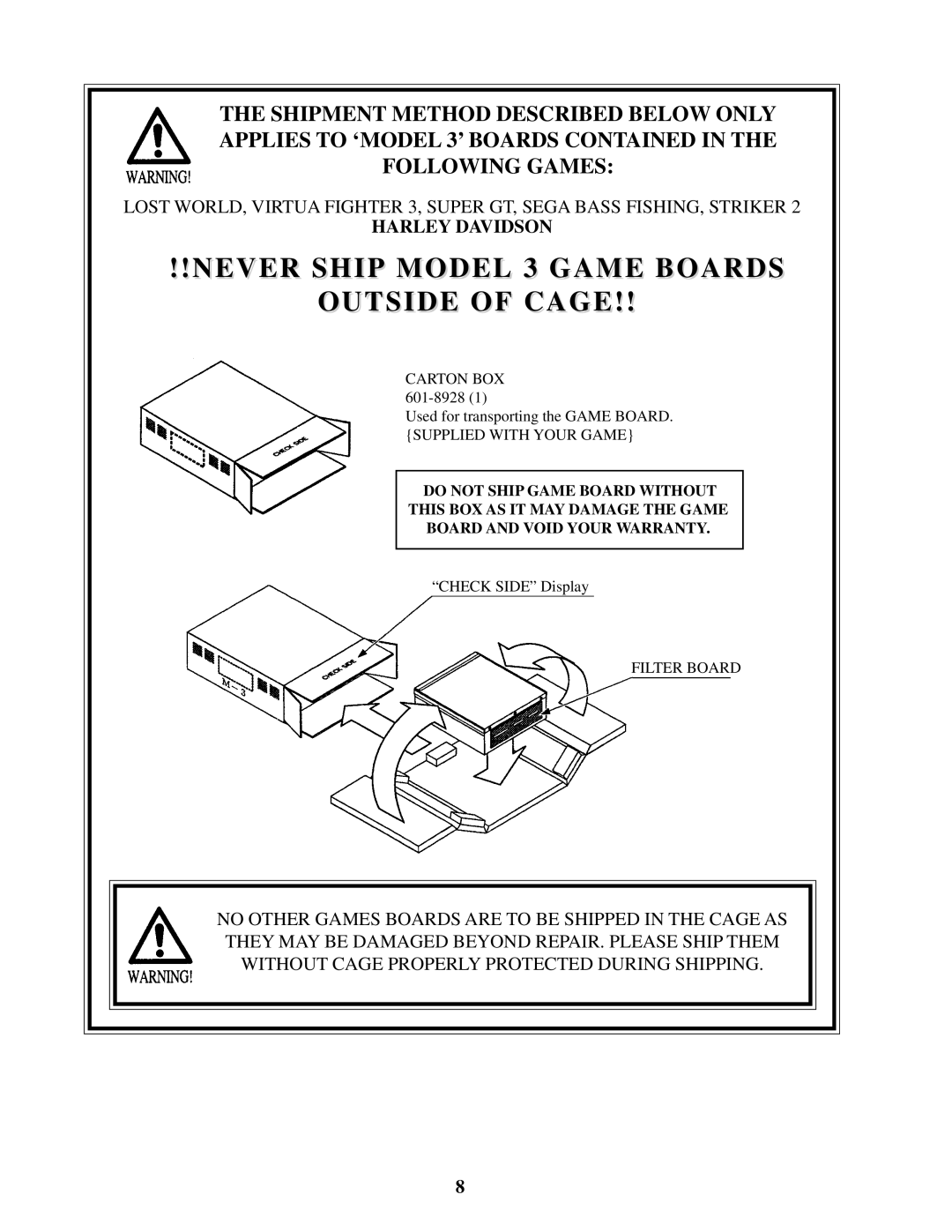 Sega 4200-6367 owner manual Never Ship Model 3 Game Boards Outside of Cage, Filter Board 