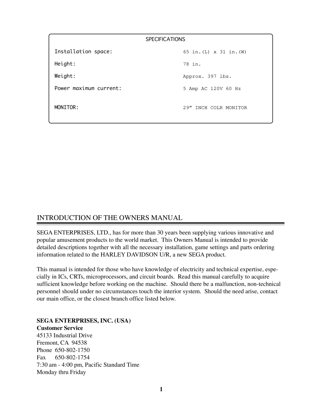 Sega 4200-6367 owner manual Specifications, Monitor 