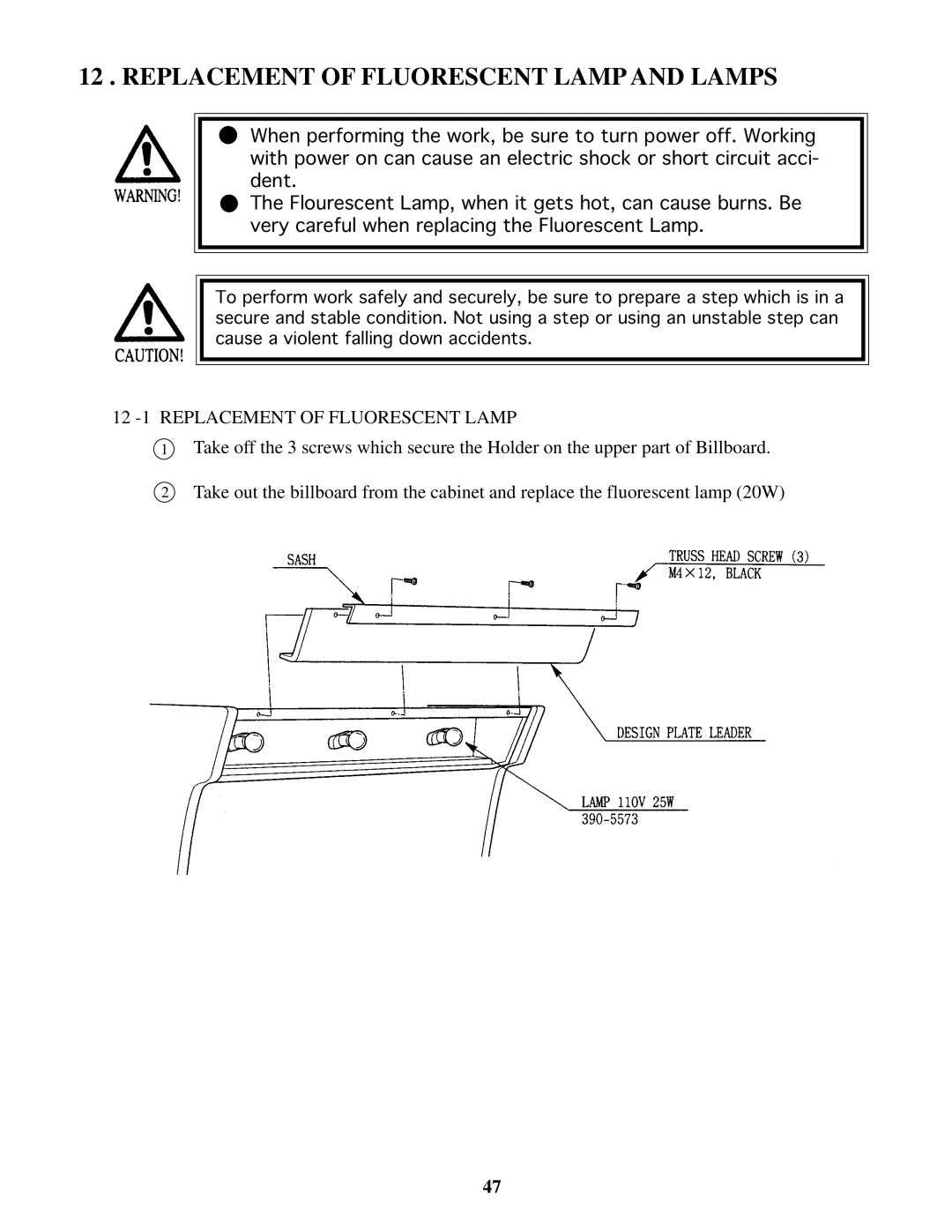 Sega 4200-6367 owner manual Replacement of Fluorescent Lamp and Lamps, 12 -1 Replacement of Fluorescent Lamp 