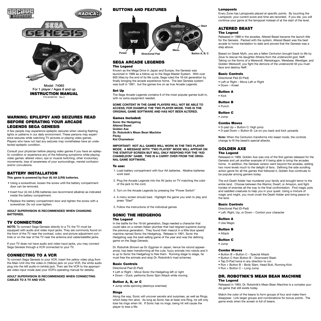 Sega 74065 instruction manual Battery Installation, TV Connection, Connecting to a VCR, Buttons and Features, Golden AXE 