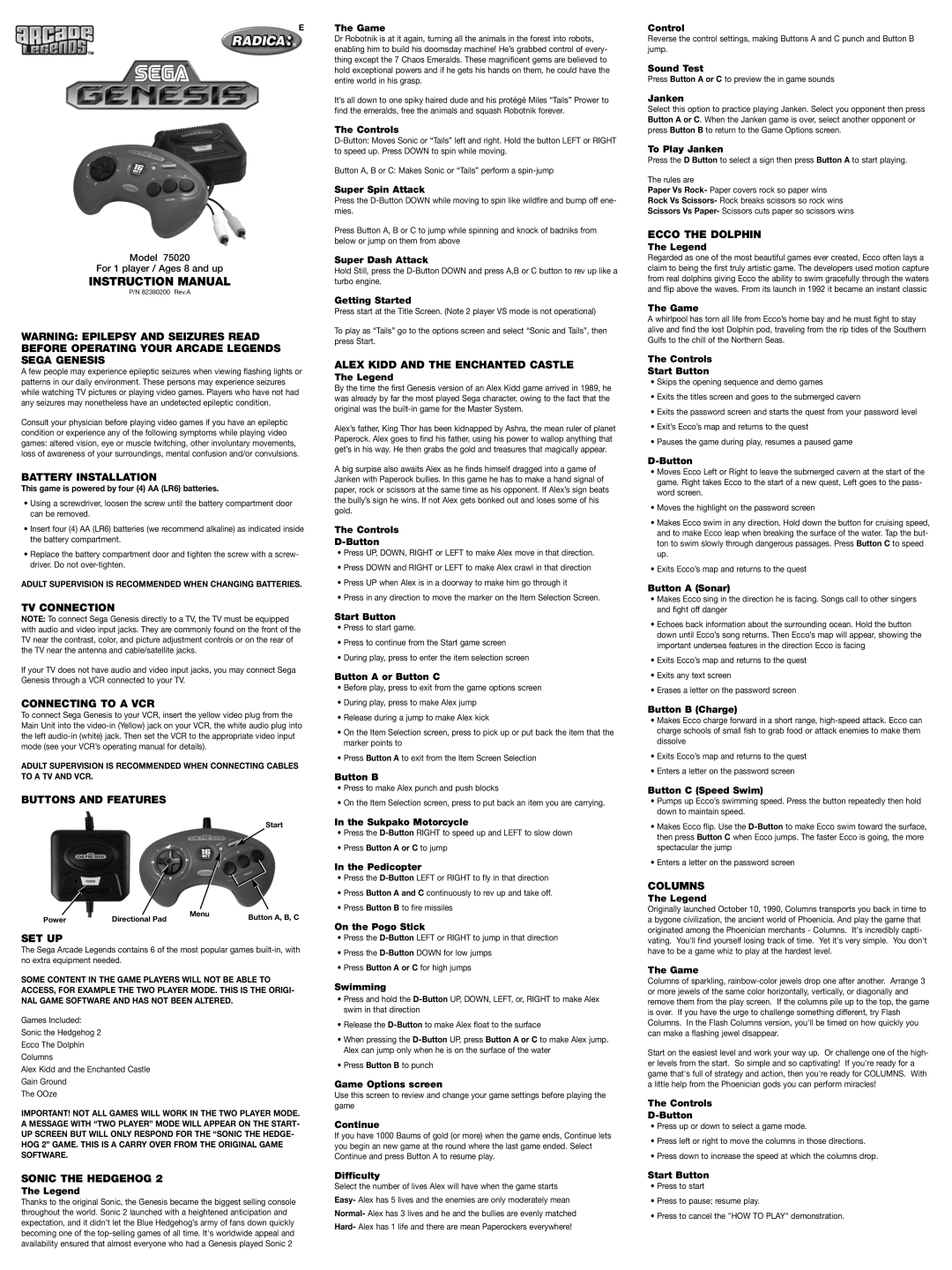 Sega 75020 instruction manual Battery Installation, TV Connection, Connecting to a VCR, Buttons and Features, Set Up 