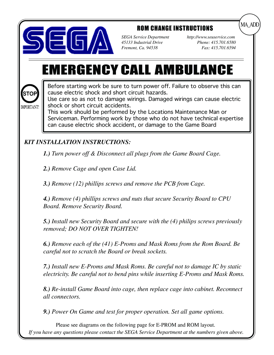 Sega 999-0858 owner manual Emergency Call Ambulance 