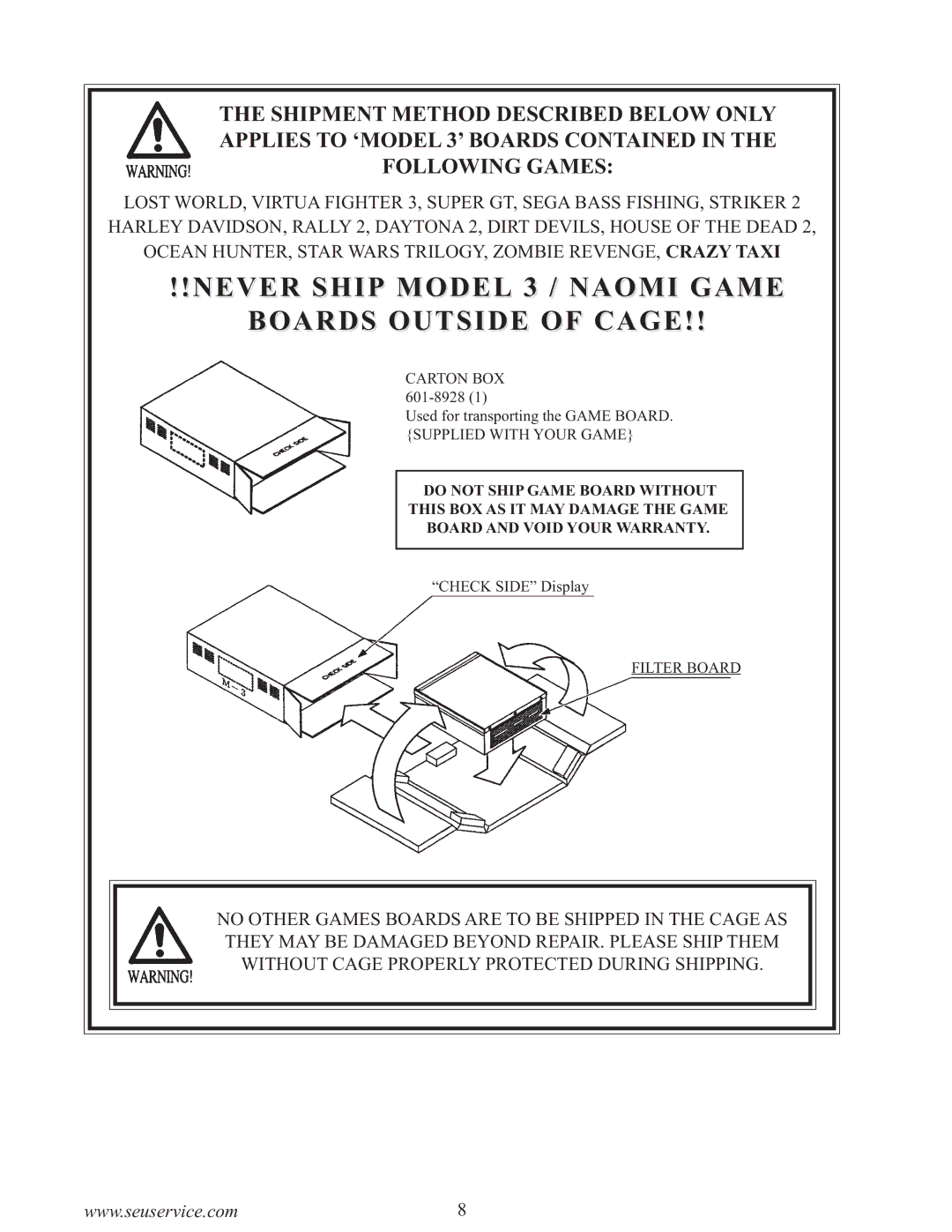 Sega 999-0886-01 owner manual Never Ship Model 3 / Naomi Game Boards Outside of Cage 