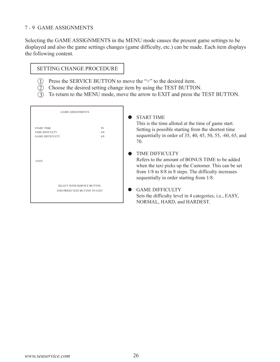 Sega 999-0886-01 owner manual Setting Change Procedure, Start Time, Time Difficulty, Game Difficulty 