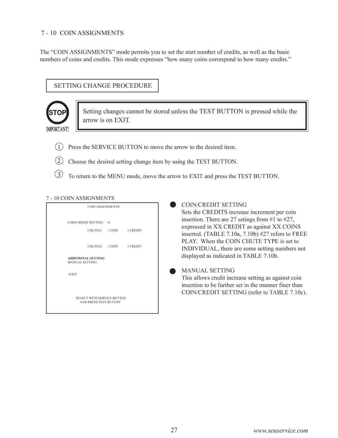 Sega 999-0886-01 owner manual COIN/CREDIT Setting, Manual Setting 