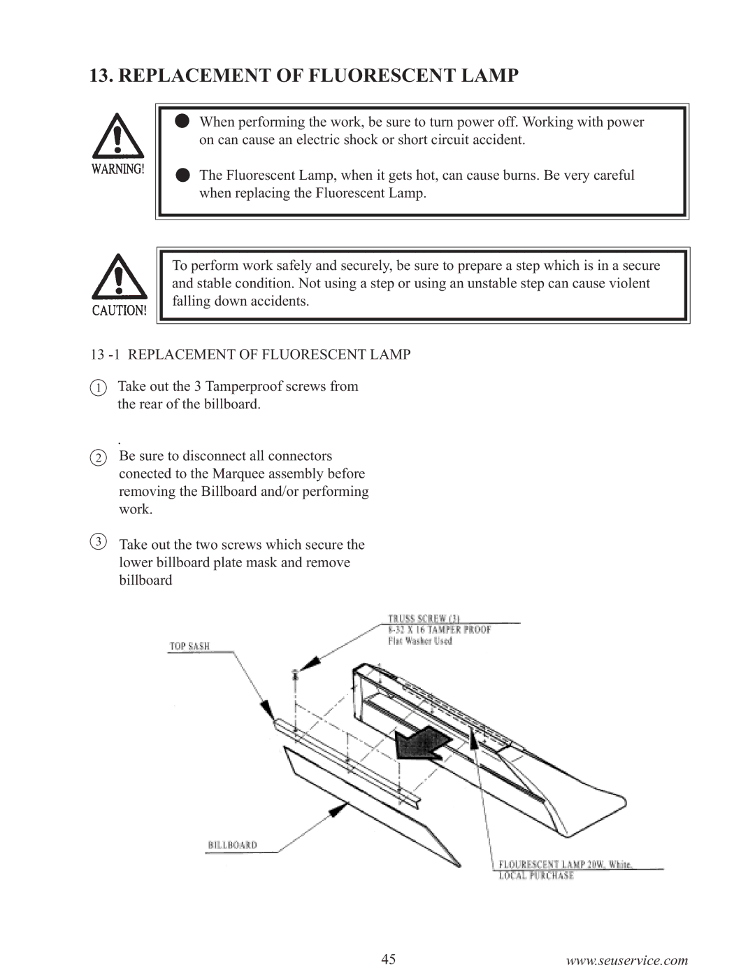 Sega 999-0886-01 owner manual 13 -1 Replacement of Fluorescent Lamp 