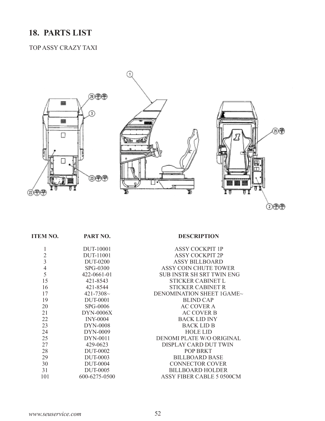 Sega 999-0886-01 owner manual Parts List, TOP Assy Crazy Taxi, Assy Fiber Cable 5 0500CM 