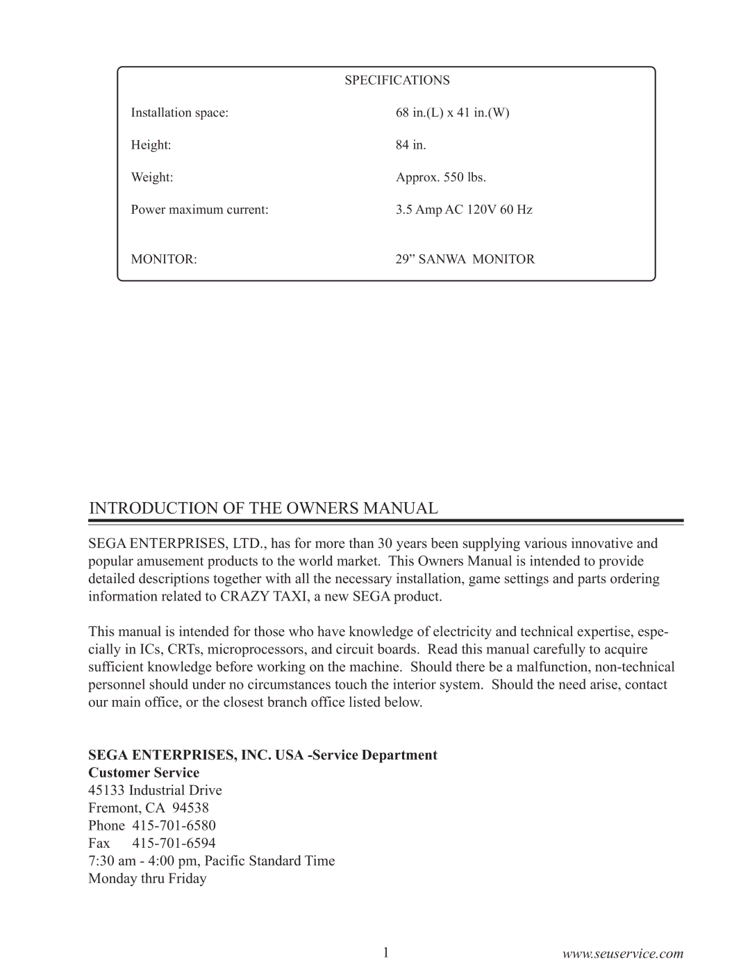 Sega 999-0886-01 owner manual Specifications, Monitor 