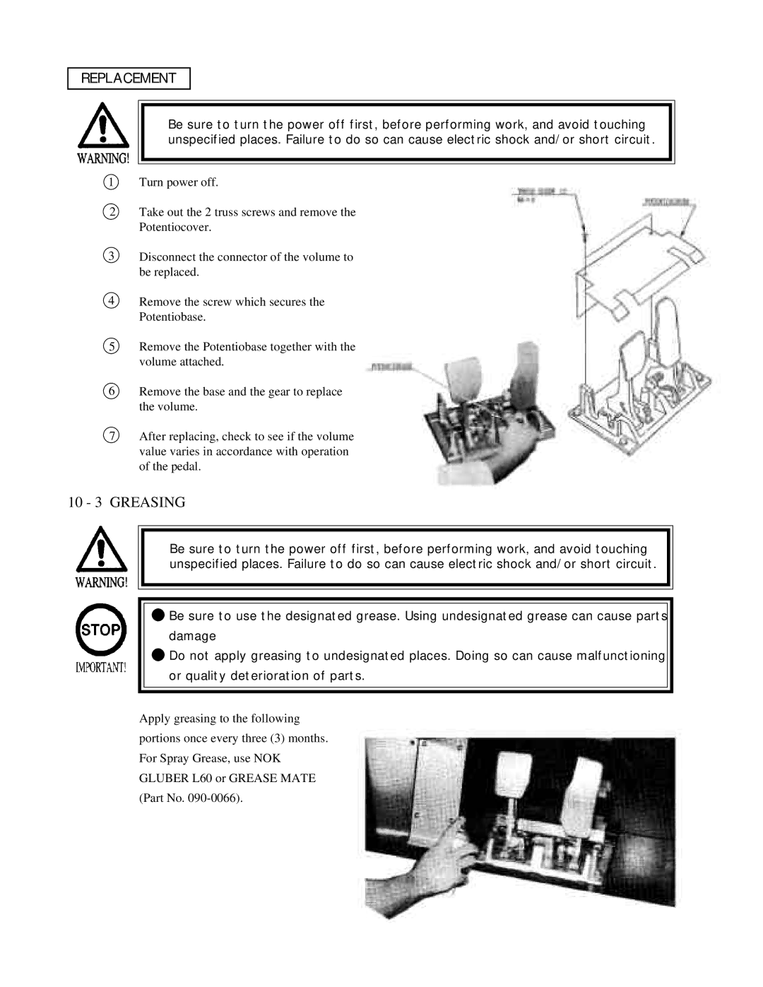 Sega 999-0921 owner manual 10 3 Greasing, Replacement 