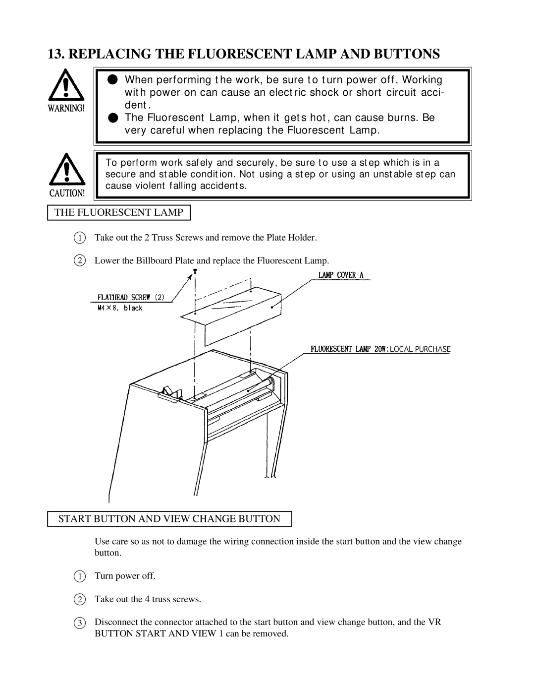 Sega 999-0921 owner manual Replacing the Fluorescent Lamp and Buttons, Start Button and View Change Button 