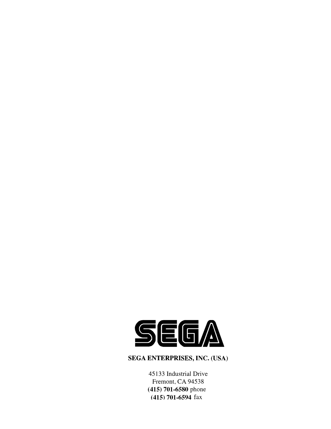 Sega 999-1108 owner manual 