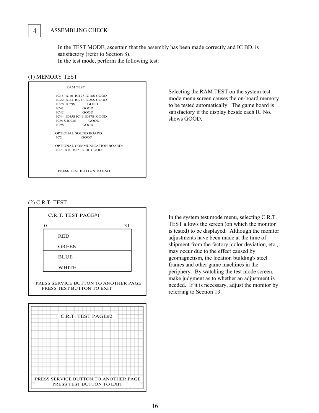 Sega 999-1108 owner manual Assembling Check, Memory Test 