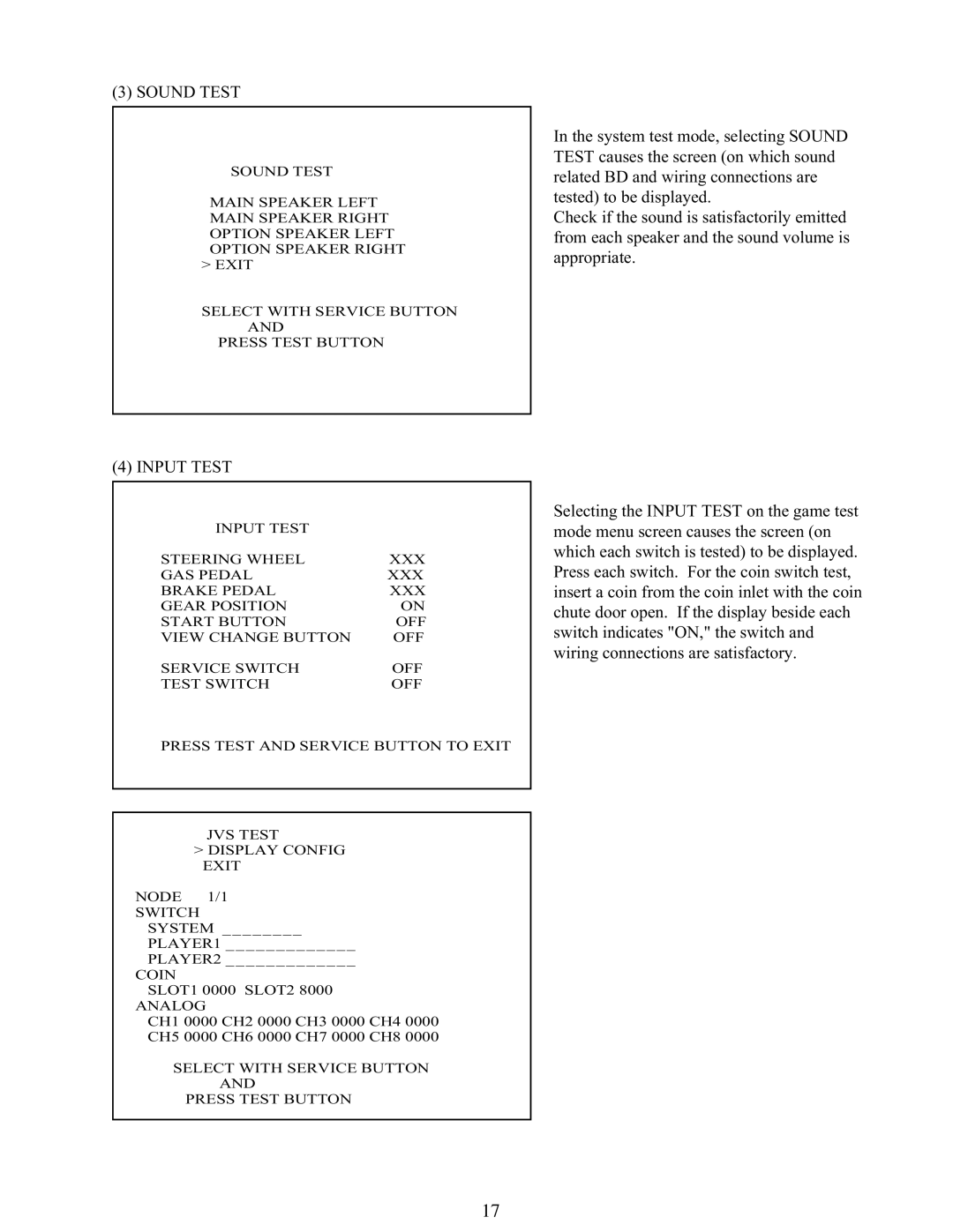 Sega 999-1108 owner manual Sound Test, Input Test 