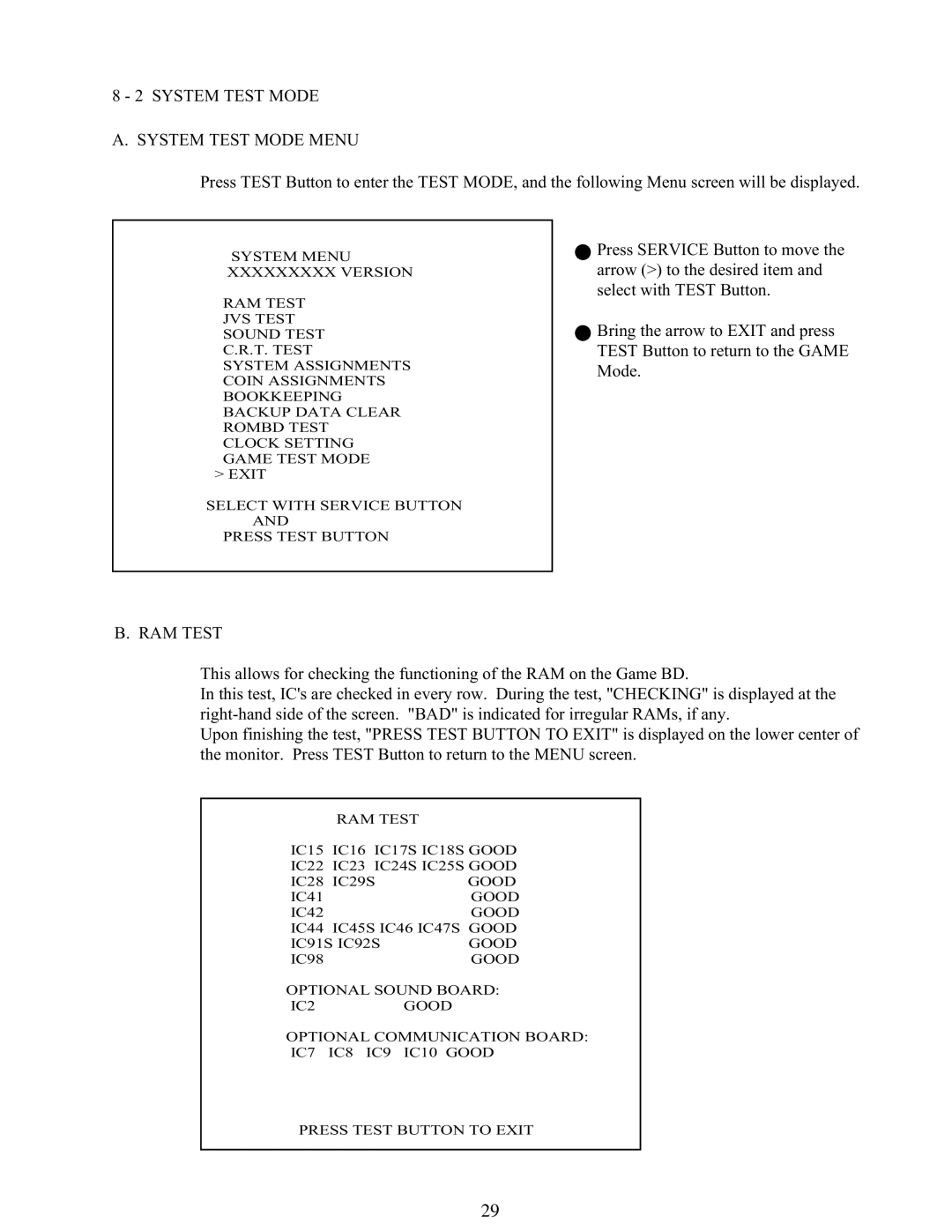 Sega 999-1108 owner manual System Test Mode System Test Mode Menu, RAM Test 