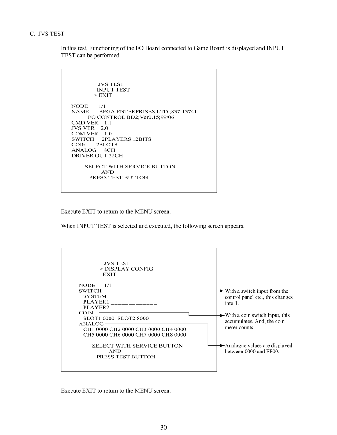 Sega 999-1108 owner manual JVS Test 