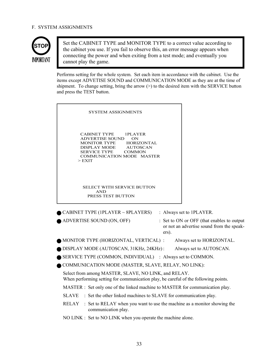 Sega 999-1108 owner manual System Assignments, Cabinet Type 1PLAYER ~ 8PLAYERS, Advertise Sound ON, OFF, Slave, Relay 