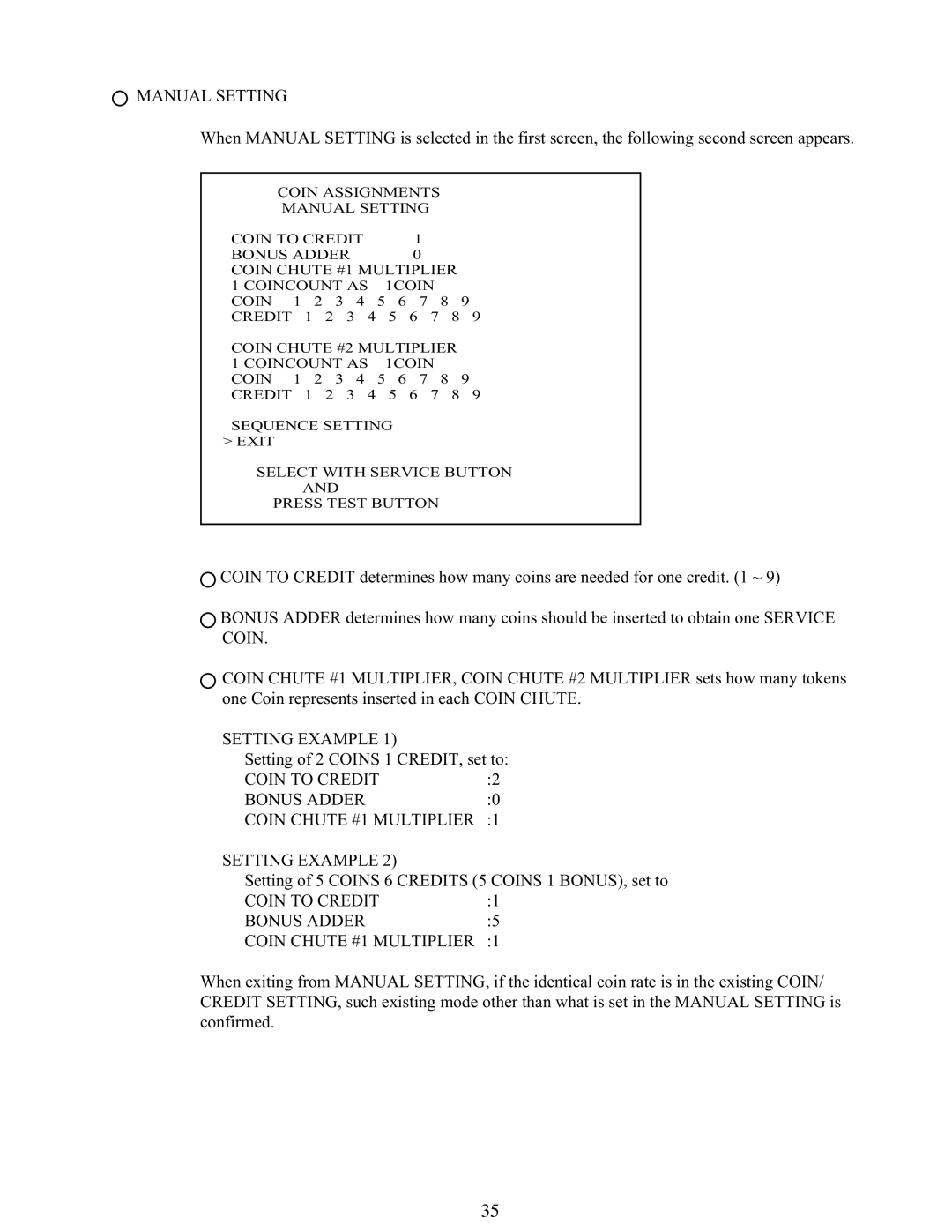 Sega 999-1108 owner manual Manual Setting, Setting Example, Coin to Credit Bonus Adder Coin Chute #1 Multiplier 