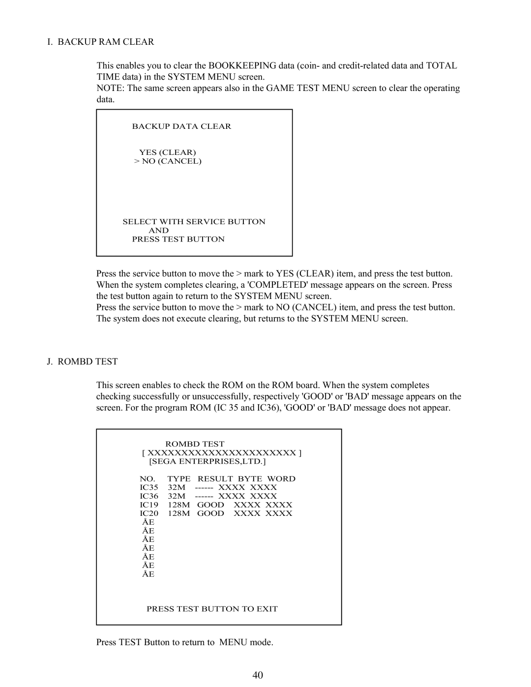 Sega 999-1108 owner manual Backup RAM Clear, Rombd Test 