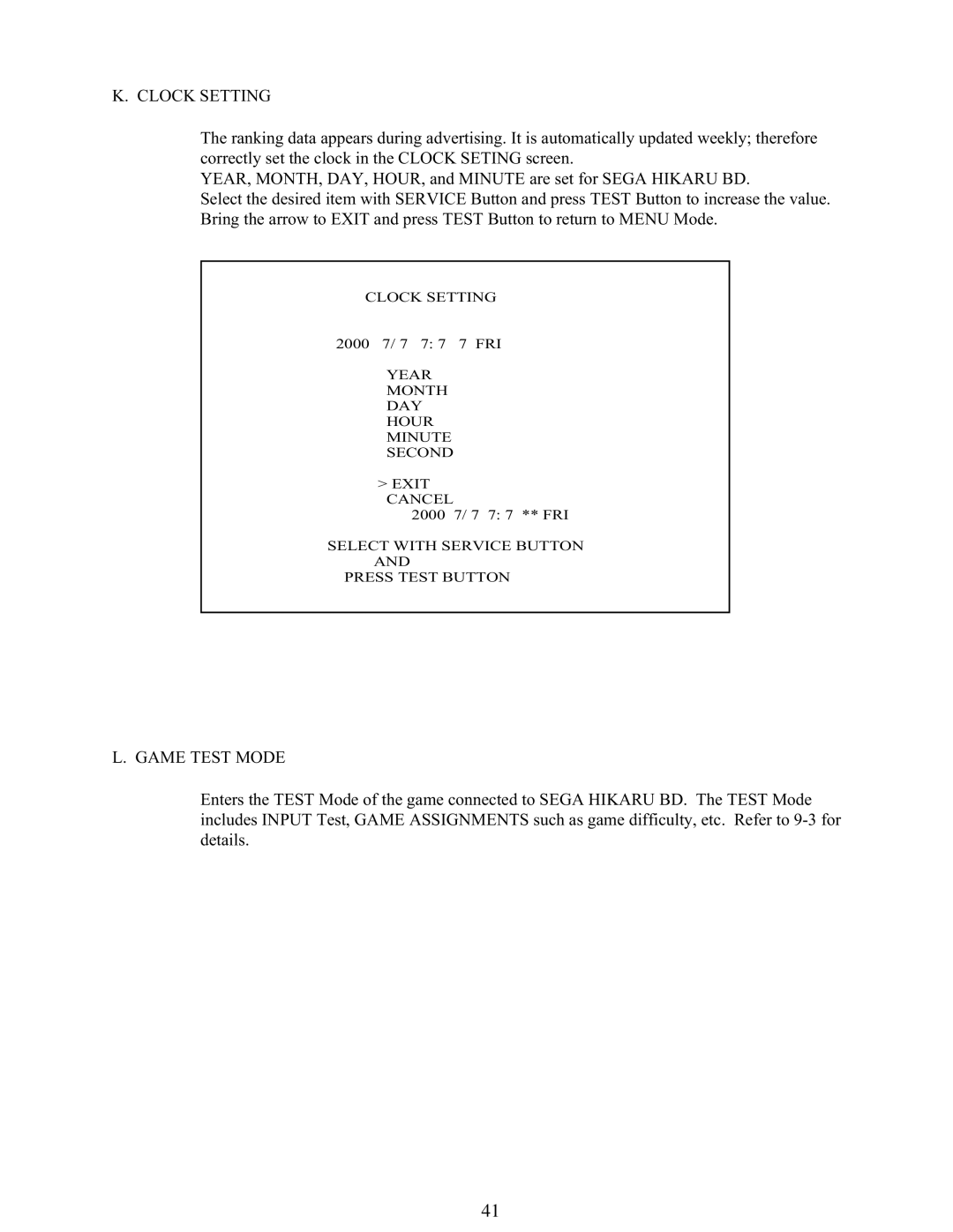 Sega 999-1108 owner manual Clock Setting, Game Test Mode 