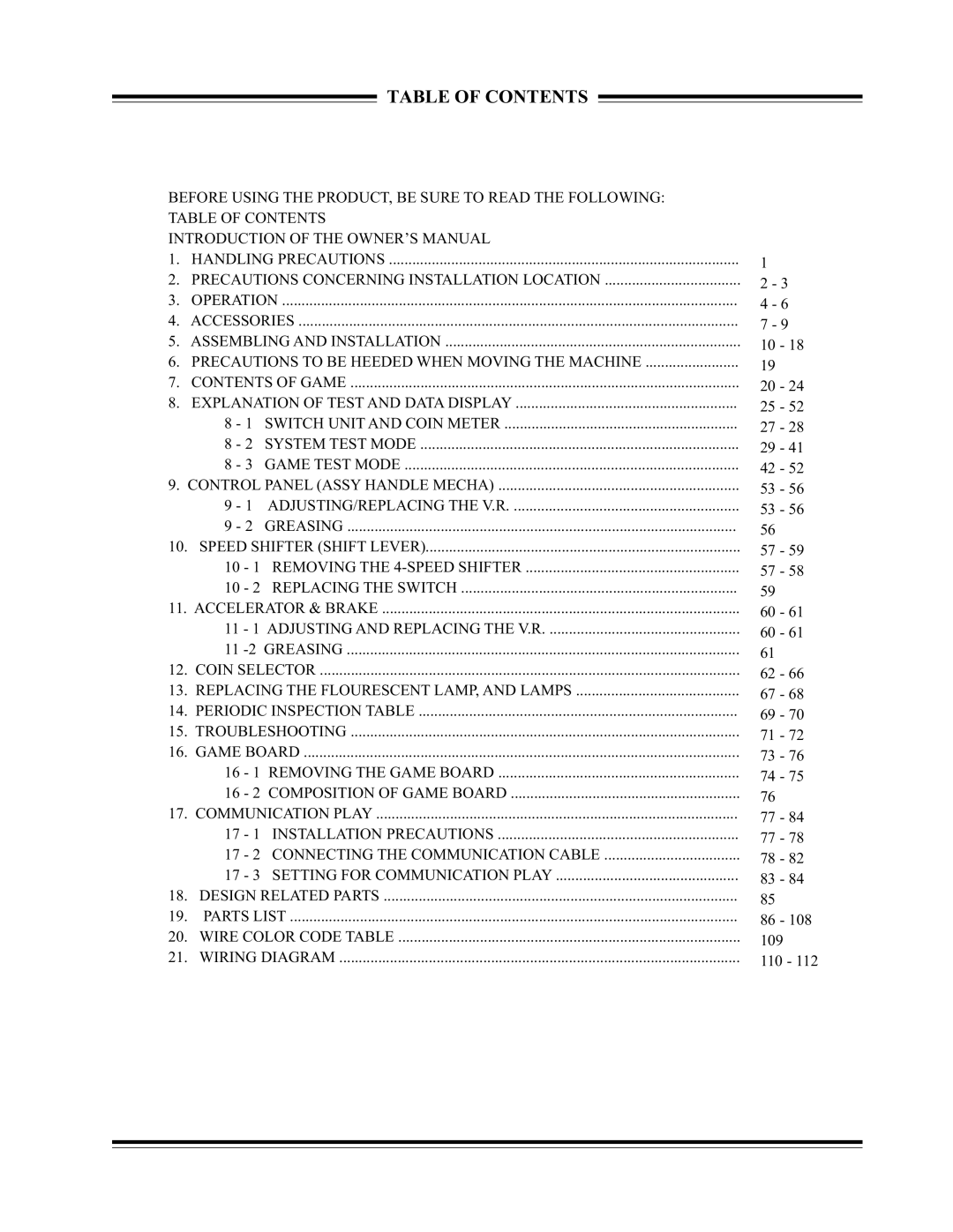 Sega 999-1108 owner manual Table of Contents 