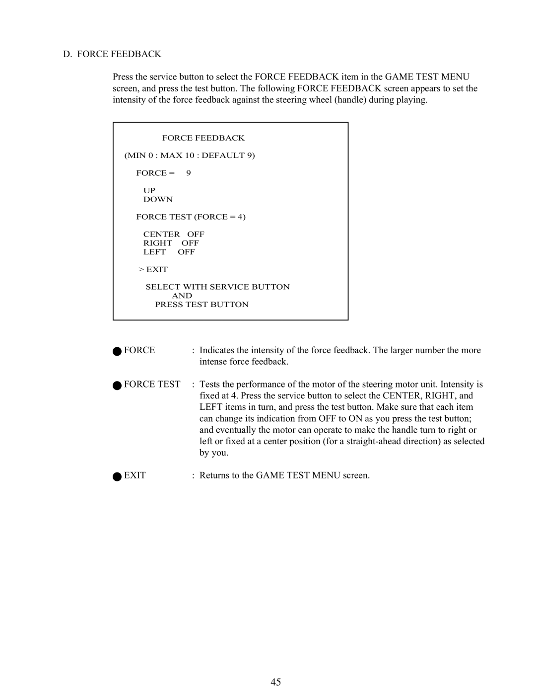 Sega 999-1108 owner manual Force Feedback, Force Test, Exit 