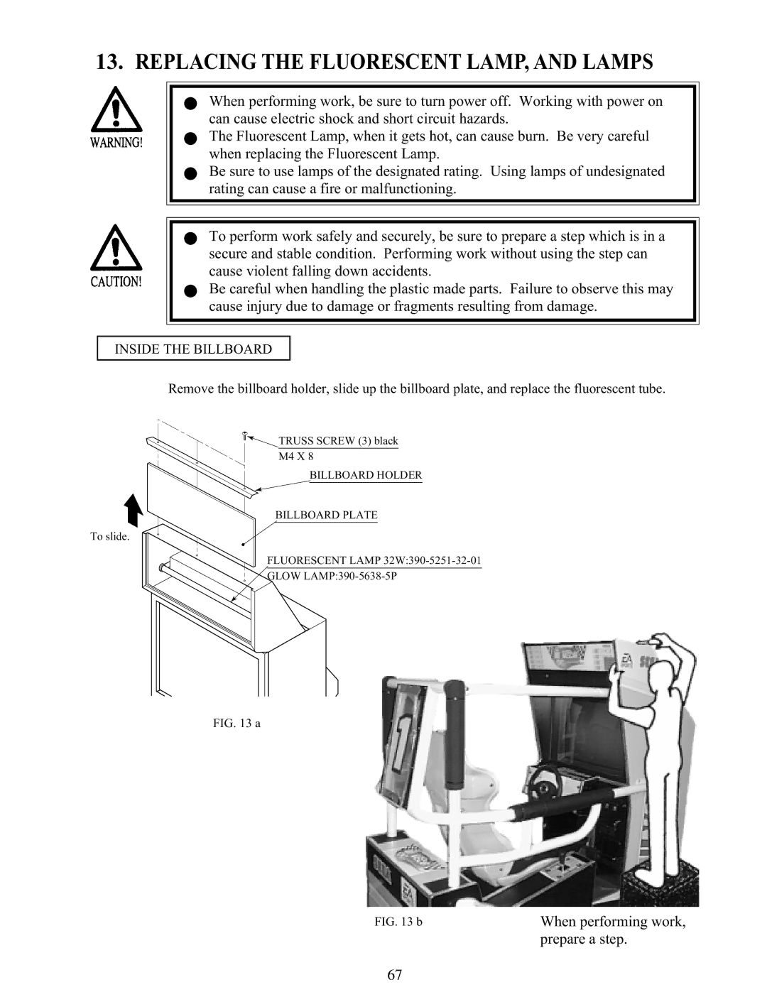 Sega 999-1108 owner manual Replacing the Fluorescent LAMP, and Lamps, Inside the Billboard 