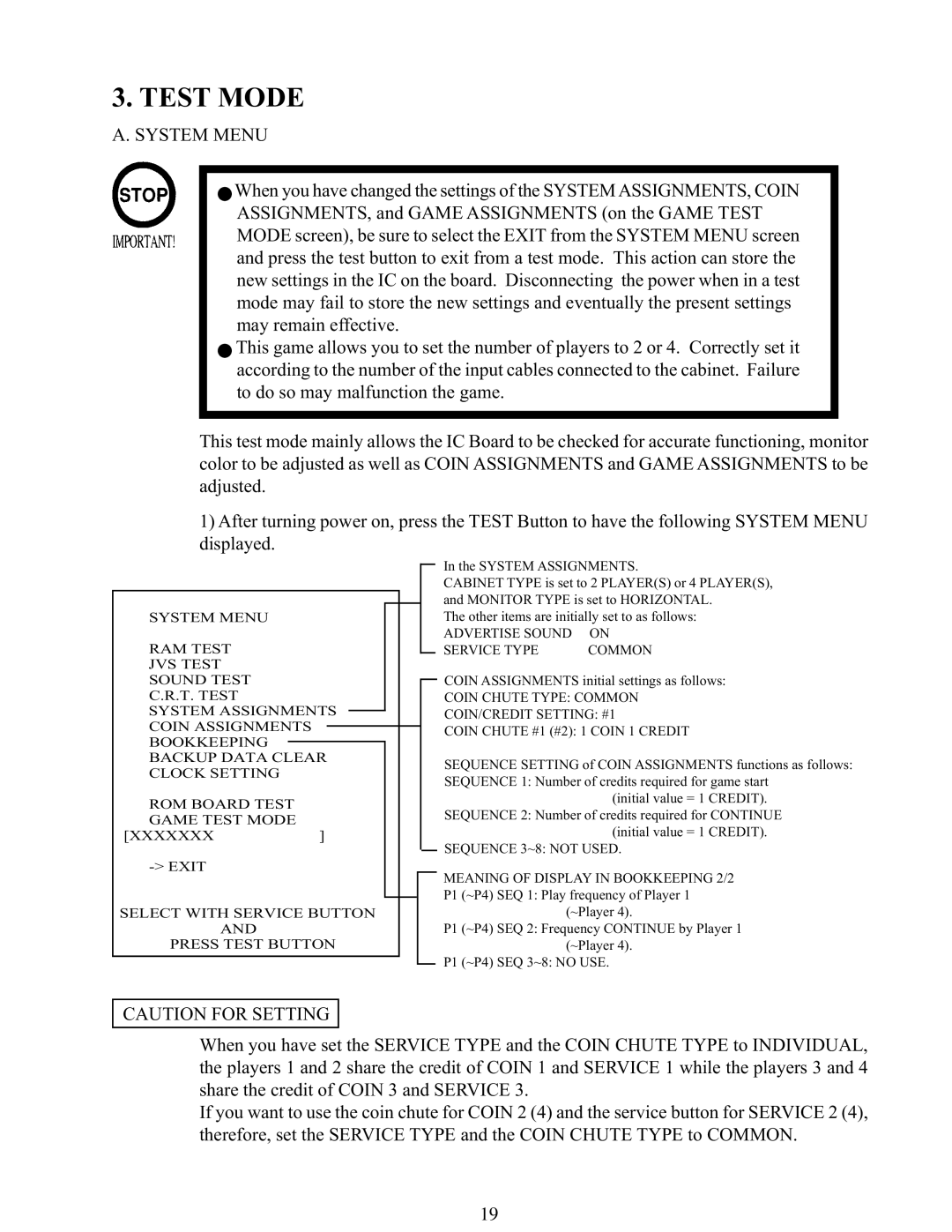 Sega 999-1117 installation instructions Test Mode, System Menu 