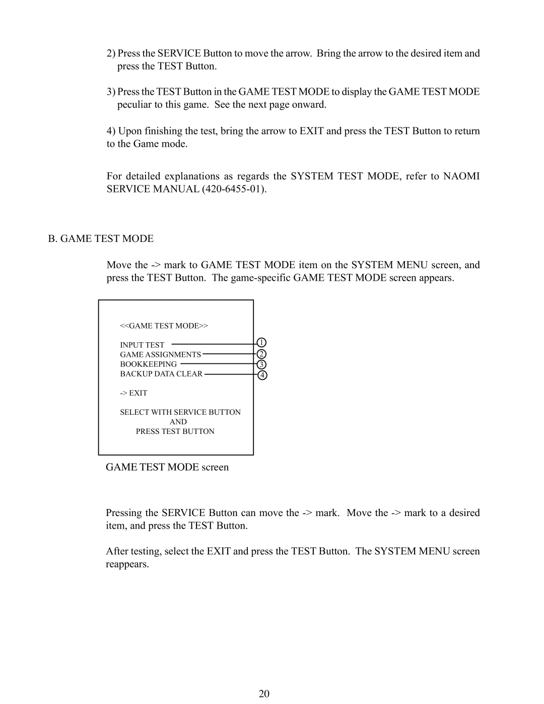 Sega 999-1117 installation instructions Game Test Mode 