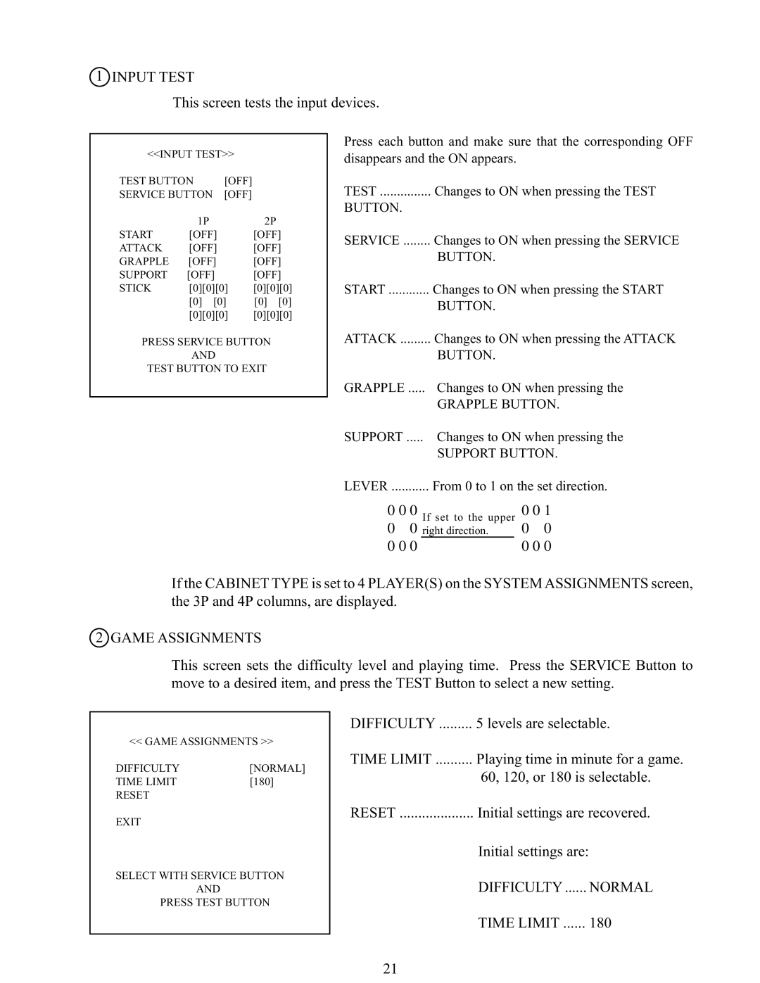 Sega 999-1117 installation instructions Input Test, Game Assignments, Time Limit, Reset, Difficulty Normal 