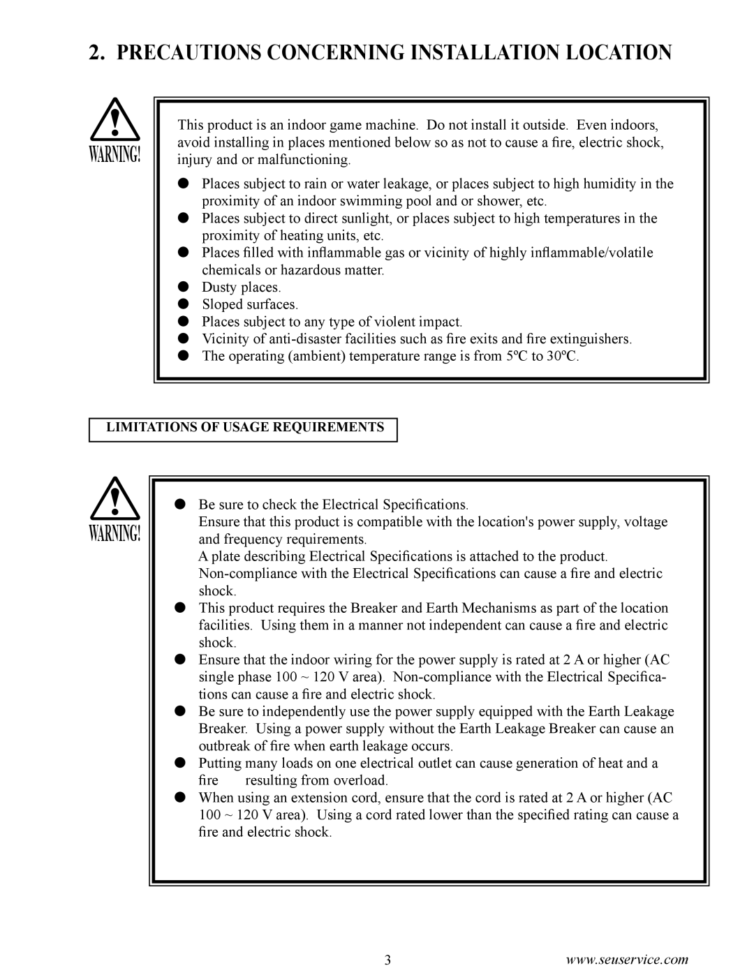 Sega 999-1618 owner manual Precautions Concerning Installation Location 