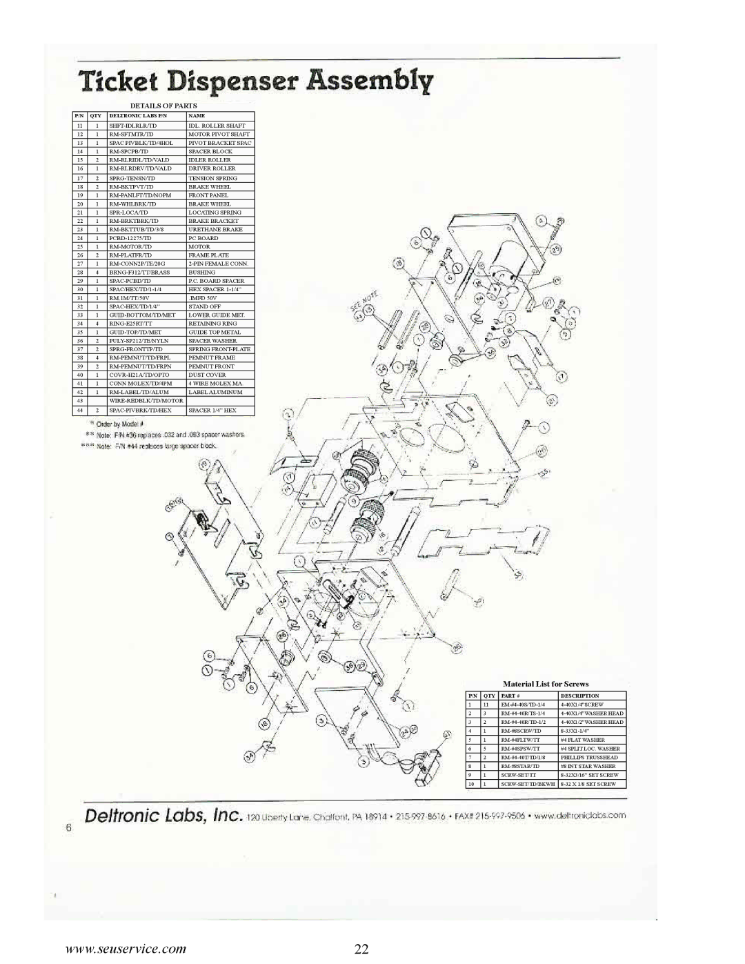 Sega 999-1618 owner manual Material List for Screws 