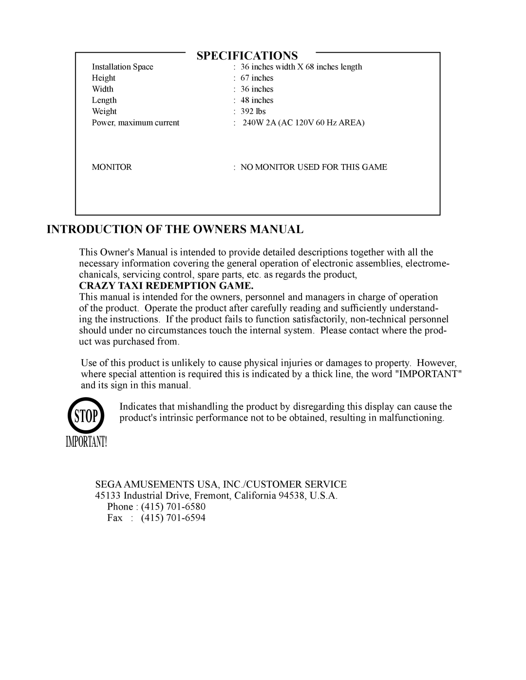 Sega 999-1618 owner manual Stop 