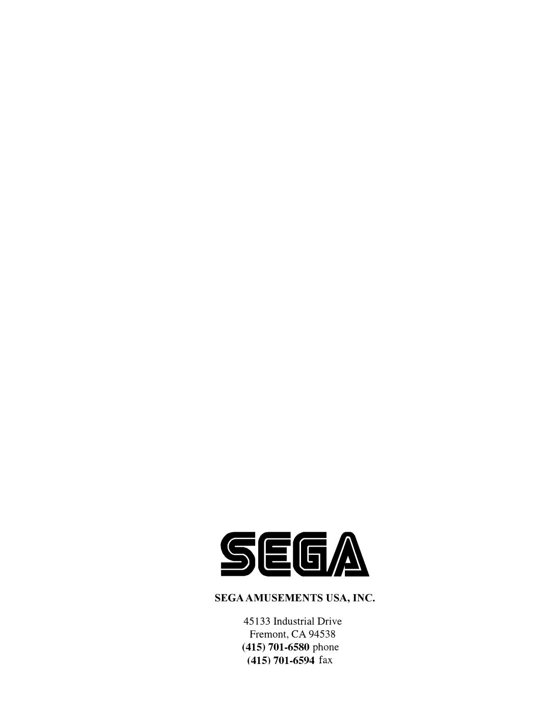 Sega 999-1763 owner manual Sega Amusements USA, INC 