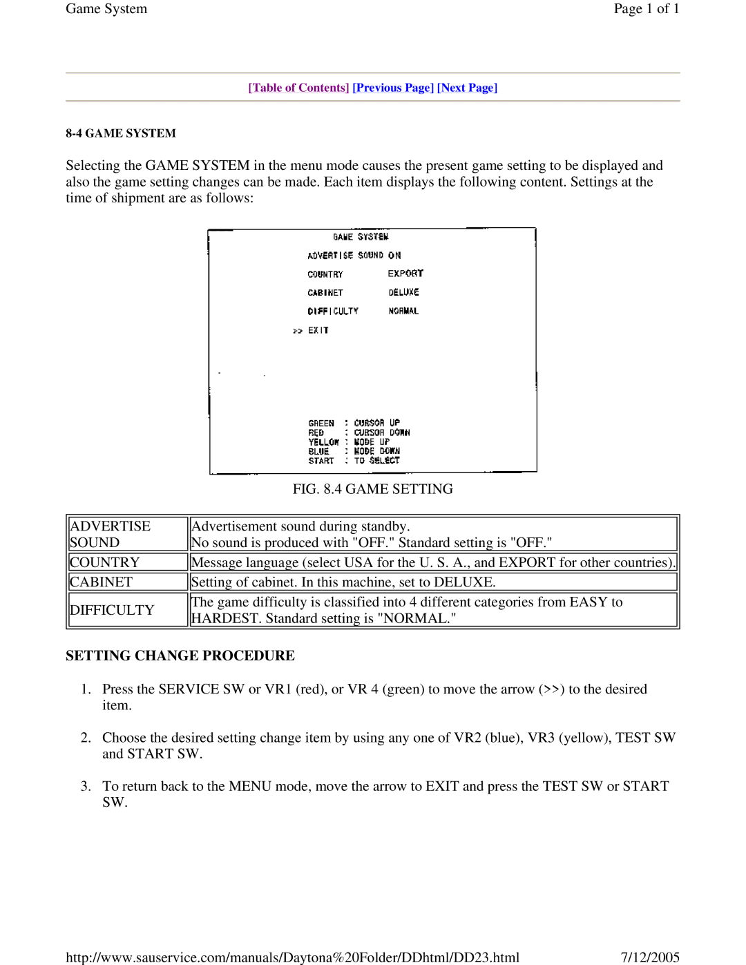 Sega DLX owner manual Advertise Sound Country Cabinet Difficulty, Setting Change Procedure 